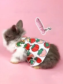 2入組草莓印花寵物兔衣連牽引繩,豚鼠背心式牽繩適合戶外遛兔 - 彩色 - 查看 5