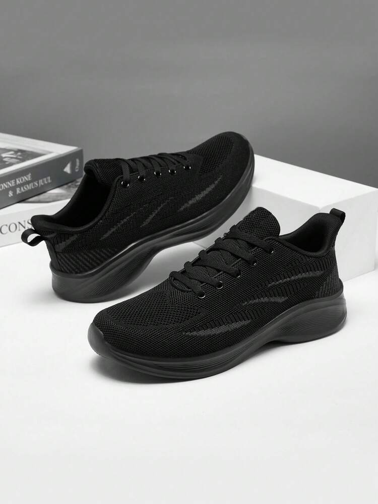 Stylish Casual Men'S Shoes Outdoor Sports Solid Color Breathable Anti-Slip Durable Sneakers For Spring And Autumn. Men'S Shoes With Low-Cut And Lace-Up Design, Made From Mesh Fabric Suitable For Casual, Tennis, Or Running Activities. - Black - View 6