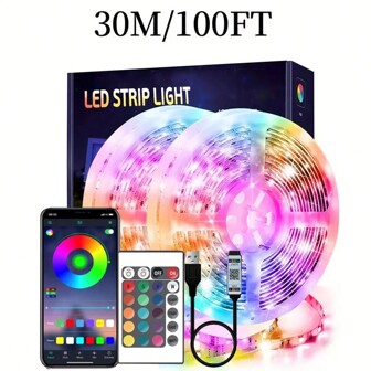 100英尺/1181.1英寸led燈條,可通過24鍵和手機應用程序進行控制,rgb音樂同步led燈條,超亮胶带燈,適用於臥室,家居裝飾