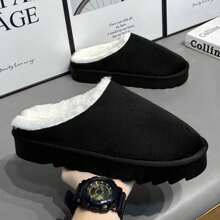 女性平台厚底雪地靴,保暖毛絨鞋,拖鞋 - 黑色 - 查看 3
