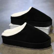 女性平台厚底雪地靴,保暖毛絨鞋,拖鞋 - 黑色 - 查看 2