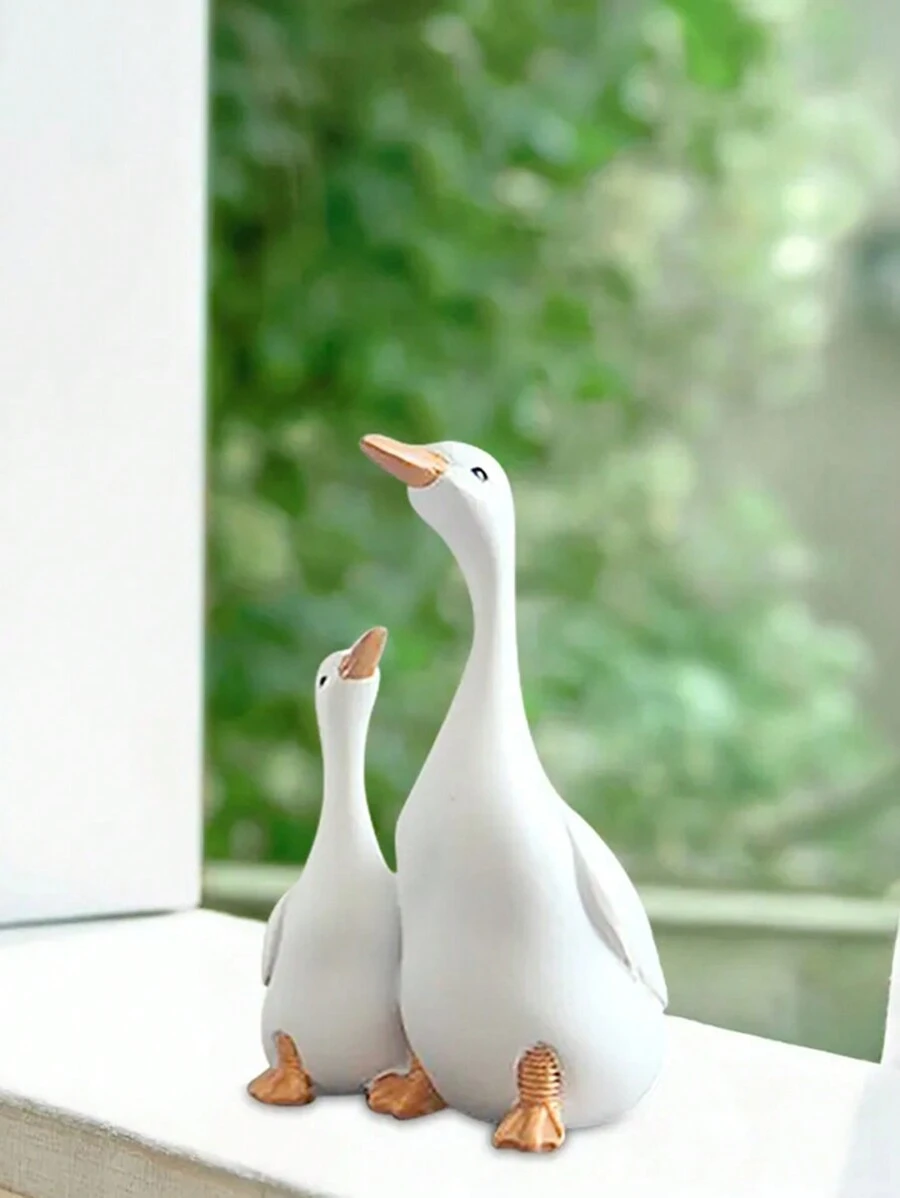 1套可愛的鴨子家庭雕像,家庭與花園裝飾擺件 - 白色 - 查看 1