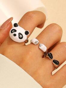 3 件套創意卡通熊貓開口戒指套裝適合女士/女孩,節日禮物 - 銀色 - 查看 6