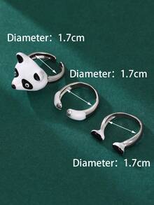 3 件套創意卡通熊貓開口戒指套裝適合女士/女孩,節日禮物 - 銀色 - 查看 7