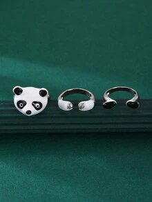 3 件套創意卡通熊貓開口戒指套裝適合女士/女孩,節日禮物 - 銀色 - 查看 5