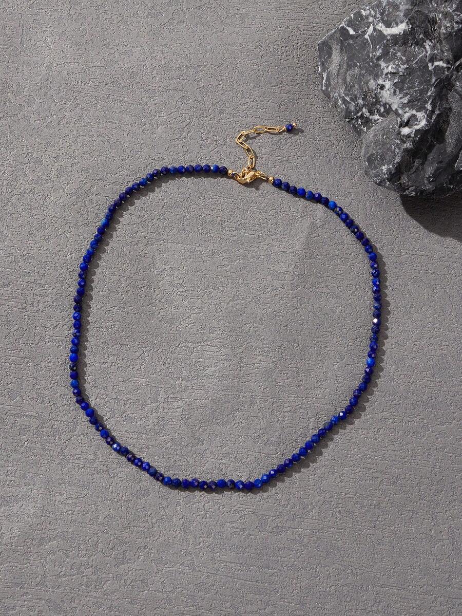 適合年輕女士的天然青金石刻面小圓珠項鍊 - 藍色 - 查看 1