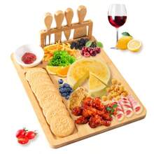 1 Set Bamboo Cheese Board Set, Cheese Tray, Charcuterie Board And Serving Meat Platter With 4 Stainless Steel Cheese Knives, Ideal For Wedding Gifts Christmas Birthday Party