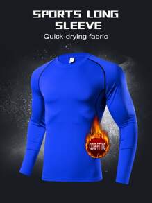 Men Close-Fitting Workout Set, Including Compression Long Sleeve Top And Long Pants, Suitable For Basketball, Soccer, Base Layer - Blue - View 3