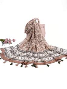 1pc Women'S Multicolor Fashionable Striped Floral Print Fringe Scarf Shawl, Suitable For Daily Commute And Outwear - Maroon - View 2