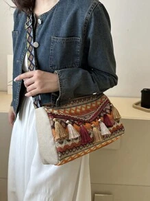 復古撞色幾何條紋時尚斜背包適合女士日常使用 - 橘色 - 查看 8