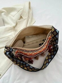 復古撞色幾何條紋時尚斜背包適合女士日常使用 - 橘色 - 查看 4