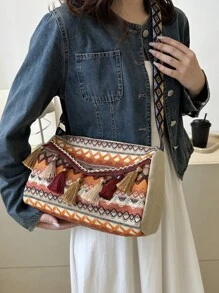 復古撞色幾何條紋時尚斜背包適合女士日常使用 - 橘色 - 查看 9