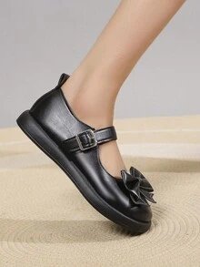 新款春秋女士玛丽珍鞋，黑色圆头平底鞋，带蝴蝶结和带扣，时尚舒适 - 黑色 - 查看 5