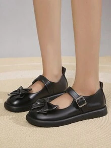 新款春秋女士玛丽珍鞋，黑色圆头平底鞋，带蝴蝶结和带扣，时尚舒适 - 黑色 - 查看 4
