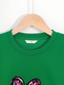 1件少女紅心和豹紋印花長袖運動衫,適用於春季 - 綠色 - 查看 2