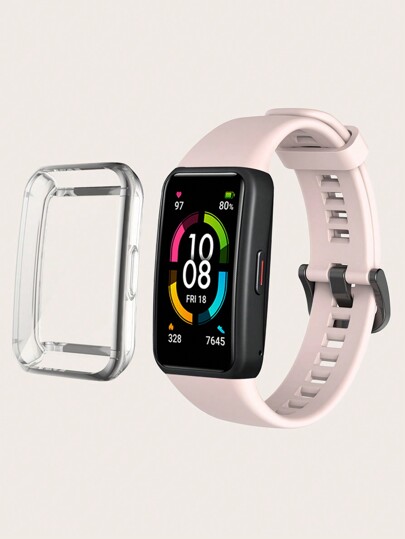 2 pezzi rosa Fascia per orologio intelligente in silicone + Custodia protettiva trasparente a copertura totale resistente ai graffi, compatibile con il Huawei Band 6