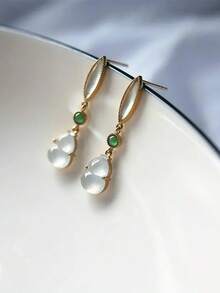 1pc New Style Jadeite Gourd Earrings With Ice Jade Inlay For Women, Cute And Suitable For Daily Wear - Yellow Gold - View 1