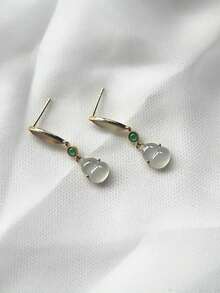1pc New Style Jadeite Gourd Earrings With Ice Jade Inlay For Women, Cute And Suitable For Daily Wear - Yellow Gold - View 3