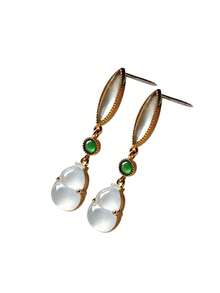 1pc New Style Jadeite Gourd Earrings With Ice Jade Inlay For Women, Cute And Suitable For Daily Wear - Yellow Gold - View 5