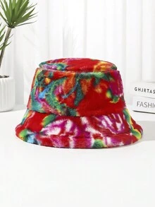 1入組女性彩色柔軟厚實冬帽，新年繁榮昌盛福氣花卉印花漏斗帽，漏斗帽，平頂帽 - 彩色 - 查看 2