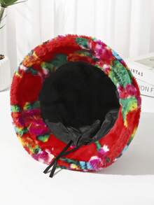 1入組女性彩色柔軟厚實冬帽，新年繁榮昌盛福氣花卉印花漏斗帽，漏斗帽，平頂帽 - 彩色 - 查看 3