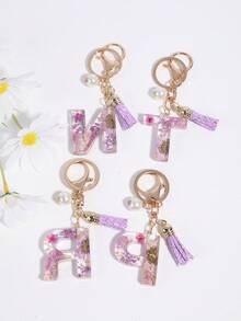 1入組女士紫色真實花乾花水晶掉膠字母v吊飾流蘇鑰匙扣,適用於情人節、母親節、家人、朋友、同學裝飾手提袋和鑰匙,是良好的禮物選擇 - 紫色 - 查看 4