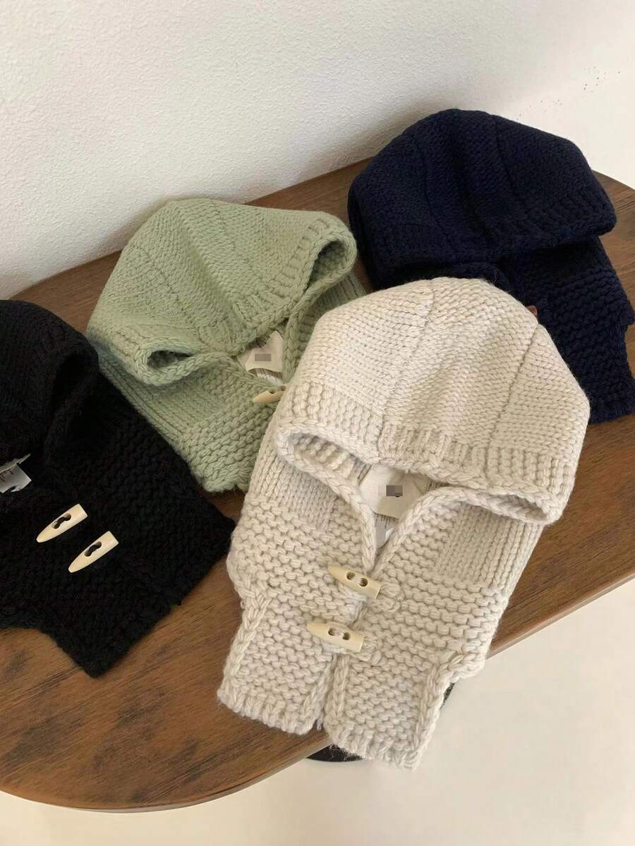 女款新款日韓風休閒大針織毛帽,帽頂附牛角釦設計,純色,簡單的耳保暖,暖和的雷鋒帽,秋冬配帽必備,一片式圍巾,時尚的拉法帽
