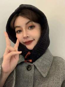 女款新款日韓風休閒大針織毛帽,帽頂附牛角釦設計,純色,簡單的耳保暖,暖和的雷鋒帽,秋冬配帽必備,一片式圍巾,時尚的拉法帽 - 薄荷綠 - 查看 7