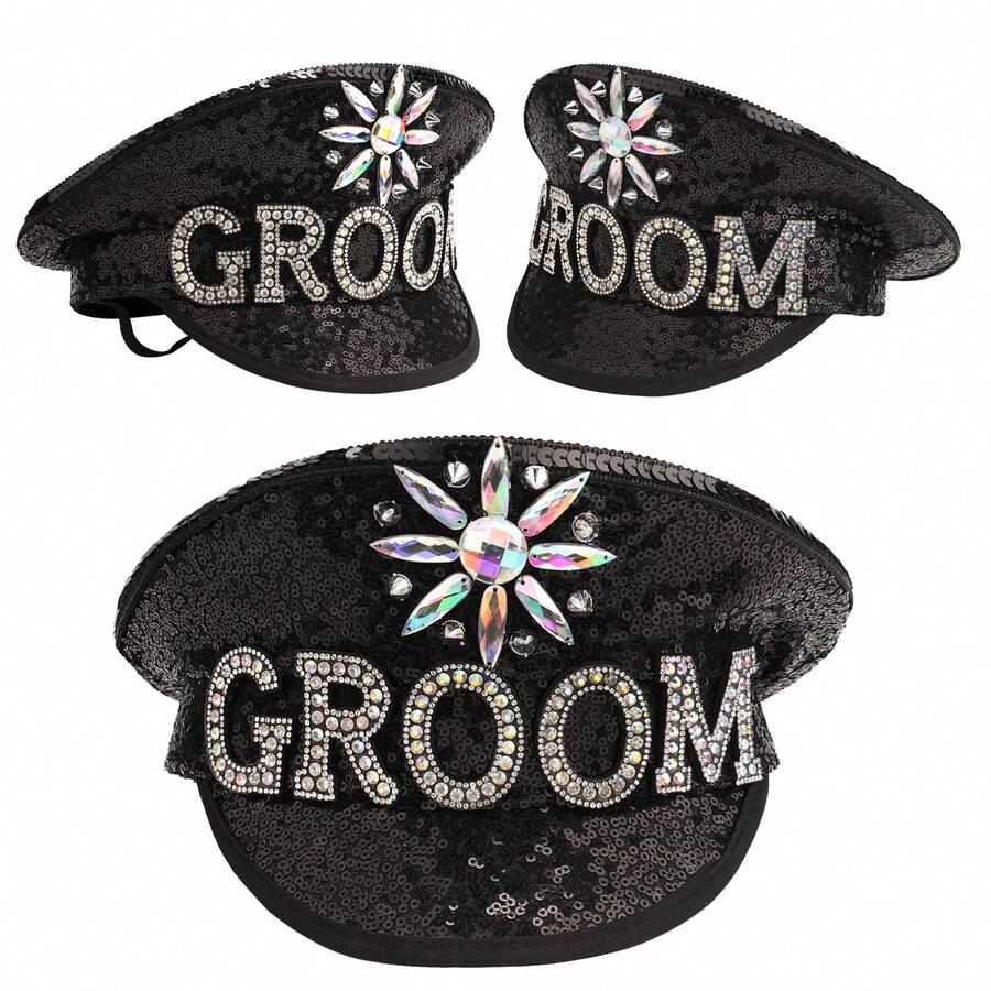 手工製作的情侶帽新娘新郎帽stag和hen帽sequin船長帽子,適用於婚禮