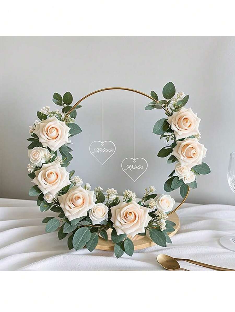 1 Pieza/3 Piezas Centro De Mesa Floral Con Aro Para Decoración De Mesa, Centro De Mesa Dorada Para Bodas Con Base Circular De Madera, Para Decoración De Bodas Diy, Artesanía De Pared Colgante - Dorado - Ver 1