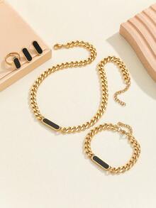 5 件/套女士不銹鋼幾何矩形鏈條項鍊、耳環、手鍊和戒指首飾套裝 - 金黑 - 查看 4