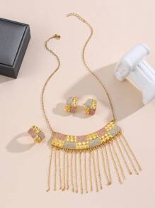1set Fashionable Copper & Tassel & Butterfly Shaped Earrings, Ring, Necklace And Jewelry Set For Women's Daily Wear - Yellow Gold - View 3