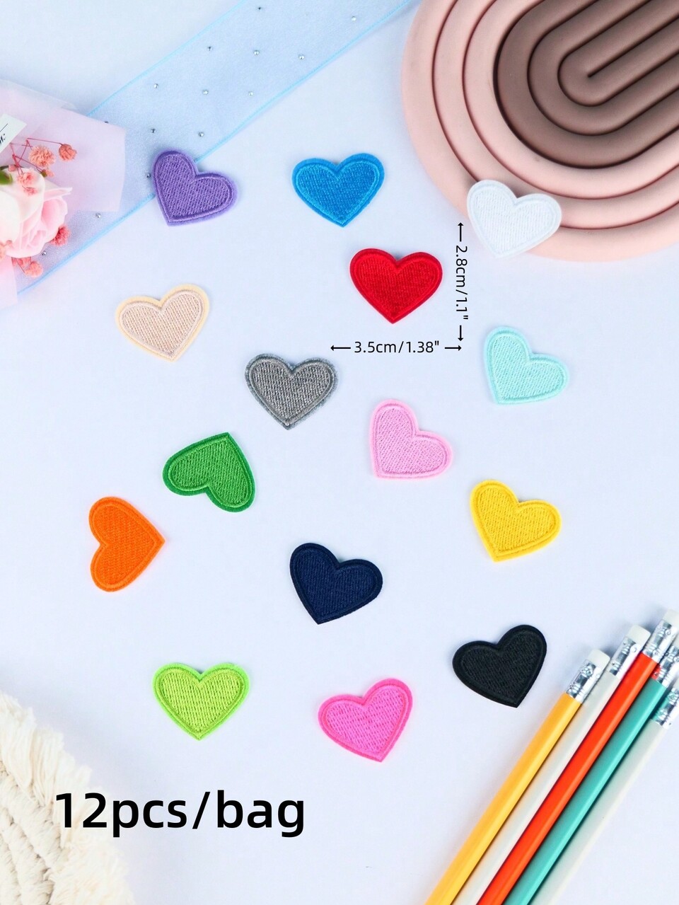 12pcs/Set Random Color Mini Heart Shaped Diy Iron On Patches