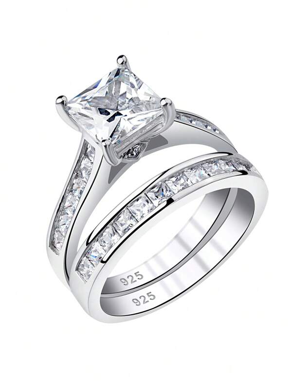 AIHUASI 2pcs/Set Classic Wedding Rings Set For Women 925 Sterling Silver 7*7mm Princess Cut 5A Grade Cubic Zirconia Engagement Ring Luxury Jewelry Valentines Gift