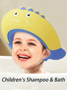 洗头帽洗发沐浴保护帽可调节洗发帽带护耳软帽帽子浴帽洗发帽防护帽沐浴配件洗发护耳帽婴儿软橡胶防水洗发帽儿童洗头神器 - 恐龍款黃 - 查看 1