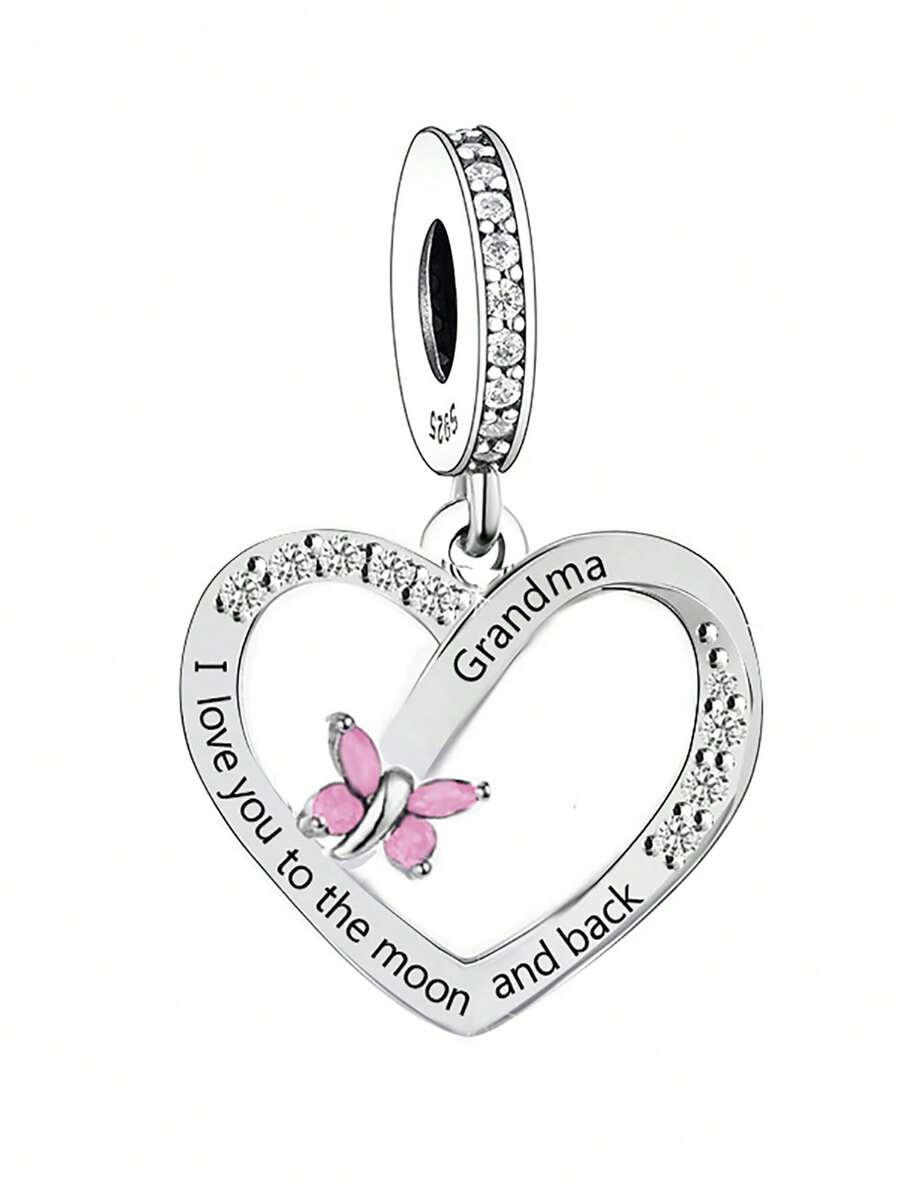 1入組時尚奶奶字母方晶鋯石蝴蝶裝飾愛心設計純銀吊墜DIY首飾製作