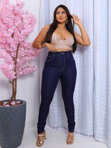 Women Jeans - 深色水洗藍 - 查看 5
