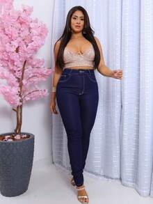 Women Jeans - 深色水洗藍 - 查看 6