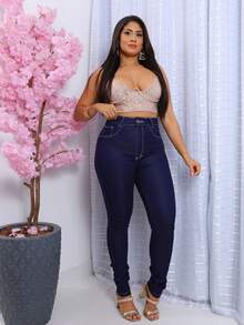 Women Jeans - 深色水洗藍 - 查看 4