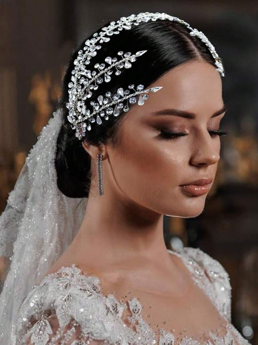1pc Women'S Rhinestone Bridal Headband, Luxury Rhinestone & Rhinestone & Cut-Out Design Hair Accessory For Wedding, Party, Birthday And Other Occasions - Silver - View 1
