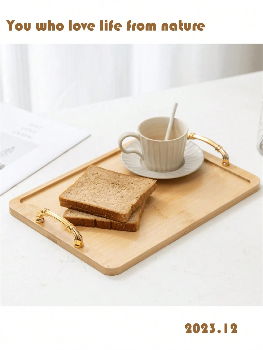 1個杏色正方形天然竹子家用收納盤,適用於零食、水果、蔬菜、飲料 - 杏色 - 查看 1