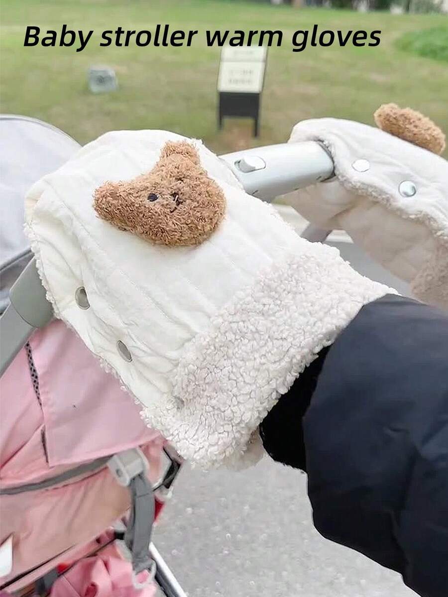 Guantes gruesos para el manillar del cochecito de bebé para otoño e invierno, guantes de calentamiento para el carrito de bebé con diseño de oso lindo