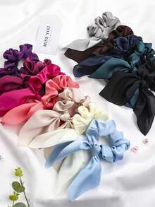 1 女士纯色飘带发带流苏苏打结发圈简约纯色兔耳发带缎面女士头饰适合日常搭配 - 彩色 - 查看 2
