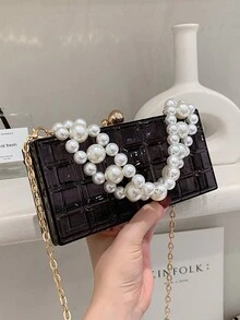 亞克力透明手提袋,女士珍珠鏈手提包,晚宴斜挎包 - 黑色 - 查看 1