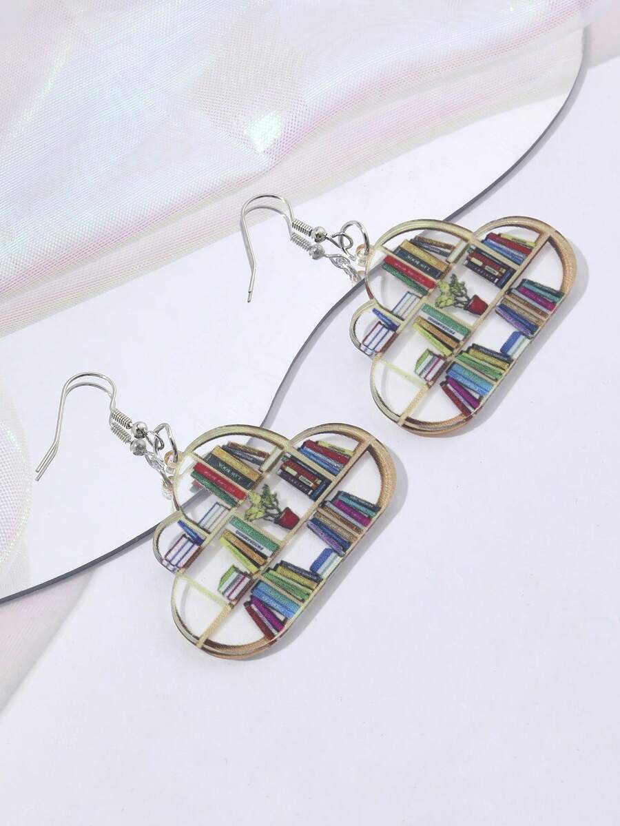 1對女士時尚休閒書架圖案壓克力耳環,是家人和朋友的完美假期禮物 - 彩色 - 查看 1