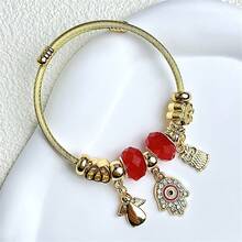 一個鑲嵌水晶陶泥大孔珠和四葉草大孔珠,眼睛手編吊墜不銹鋼手鐲,時尚珠寶約會女性禮物 - 紅色 - 查看 1