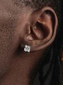 1雙發亮7mm方晶鋯石S925純銀方形耳釘精細首飾類禮物適合男士 - 銀色 - 查看 2