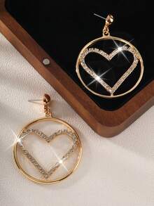 1pair Fashionable European & American Style Valentine'S Day Heart Shaped Gemstone & Rhinestone Decor Earrings For Women - Yellow Gold - View 2