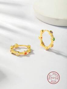 925 純銀材質和方晶鋯石嵌入甜蜜糖果色可愛圓形耳環,1 對適合兒童、女孩、日常、度假、派對、禮物 - 彩色 - 查看 3