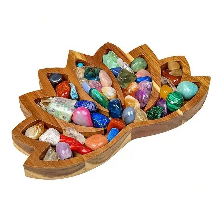 1pc Lotus Shaped Crystal Tray, Crystal Display Tray, Crystal Storage Box, Decorative Crystal Stone - Wood Color - View 1